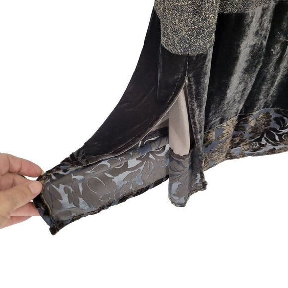 Vintage Citron Maxi Skirt M Black Green Floral Burnout Silk Velour Hem Side Slit - Picture 4 of 11